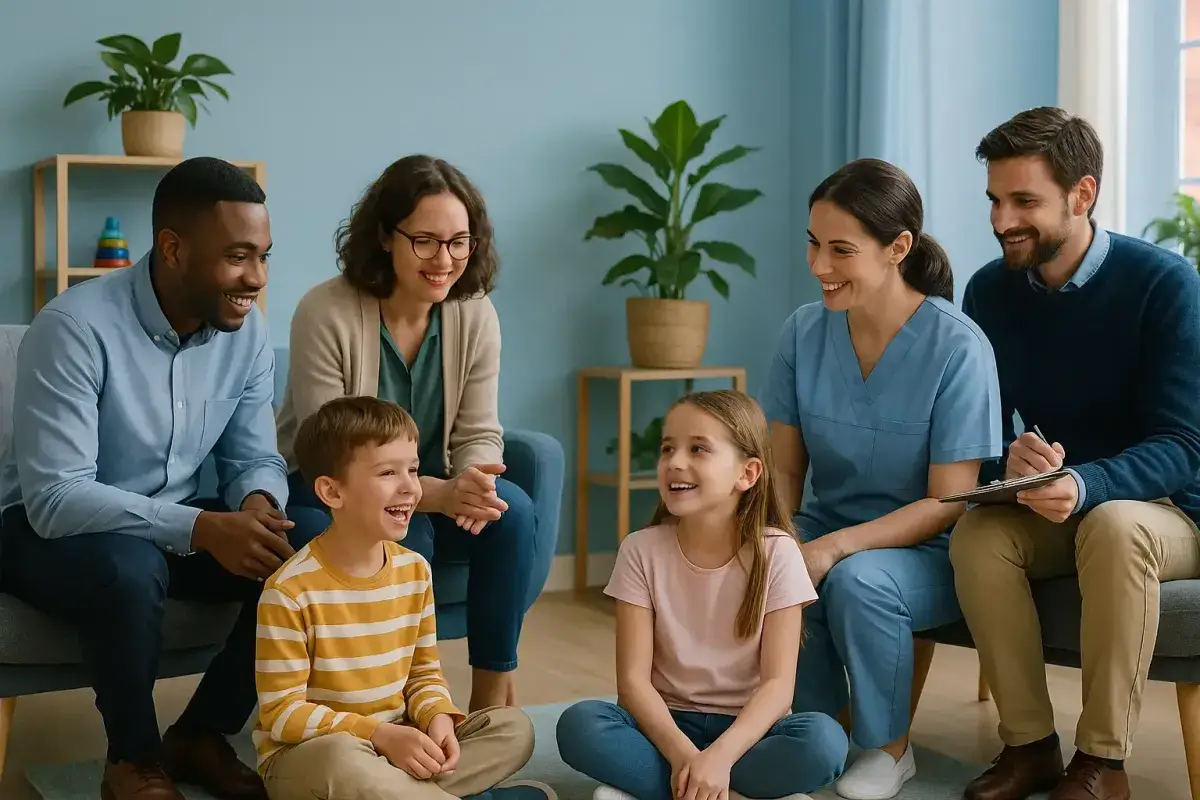 Psicóloga sorrindo durante sessão de terapia em ambiente clínico acolhedor.